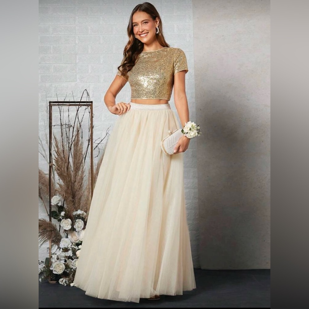 Gold Sequin Crop Top and Cream Tulle Skirt Set